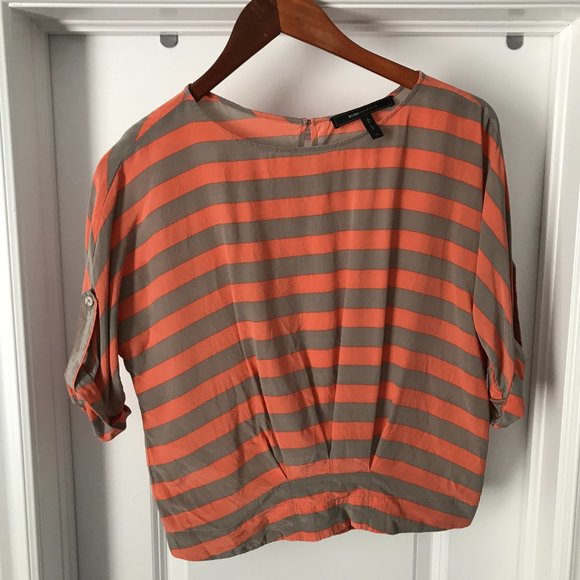 BCBGMaxAzria Orange and Grey Striped Silk Top 3/4 Sleeve (XS) - Picture 2 of 13